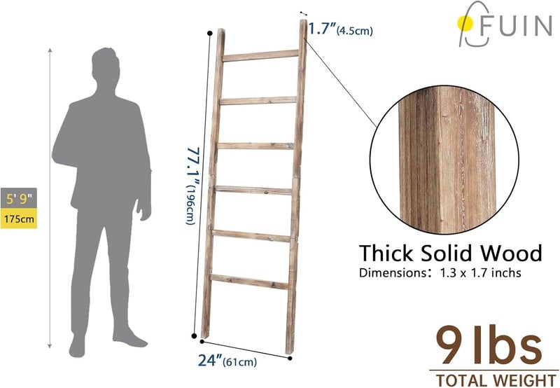 FUIN 6.4ft Extra Wide Wooden Blanket Ladder Living Room Decorative Wal Leaning Farmhouse Quilt Display Holder Rustic Wood Towel Rack for Bathroom, Burnt Brown, 24 inch Wide - Image 4